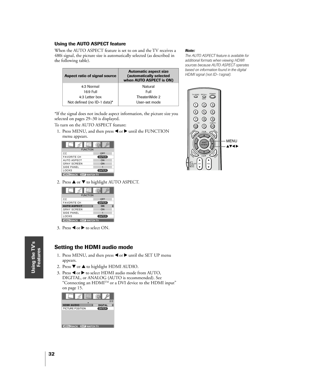 Toshiba 27HL85 Setting the Hdmi audio mode, Using the Auto Aspect feature, Press y or z to highlight Auto Aspect 