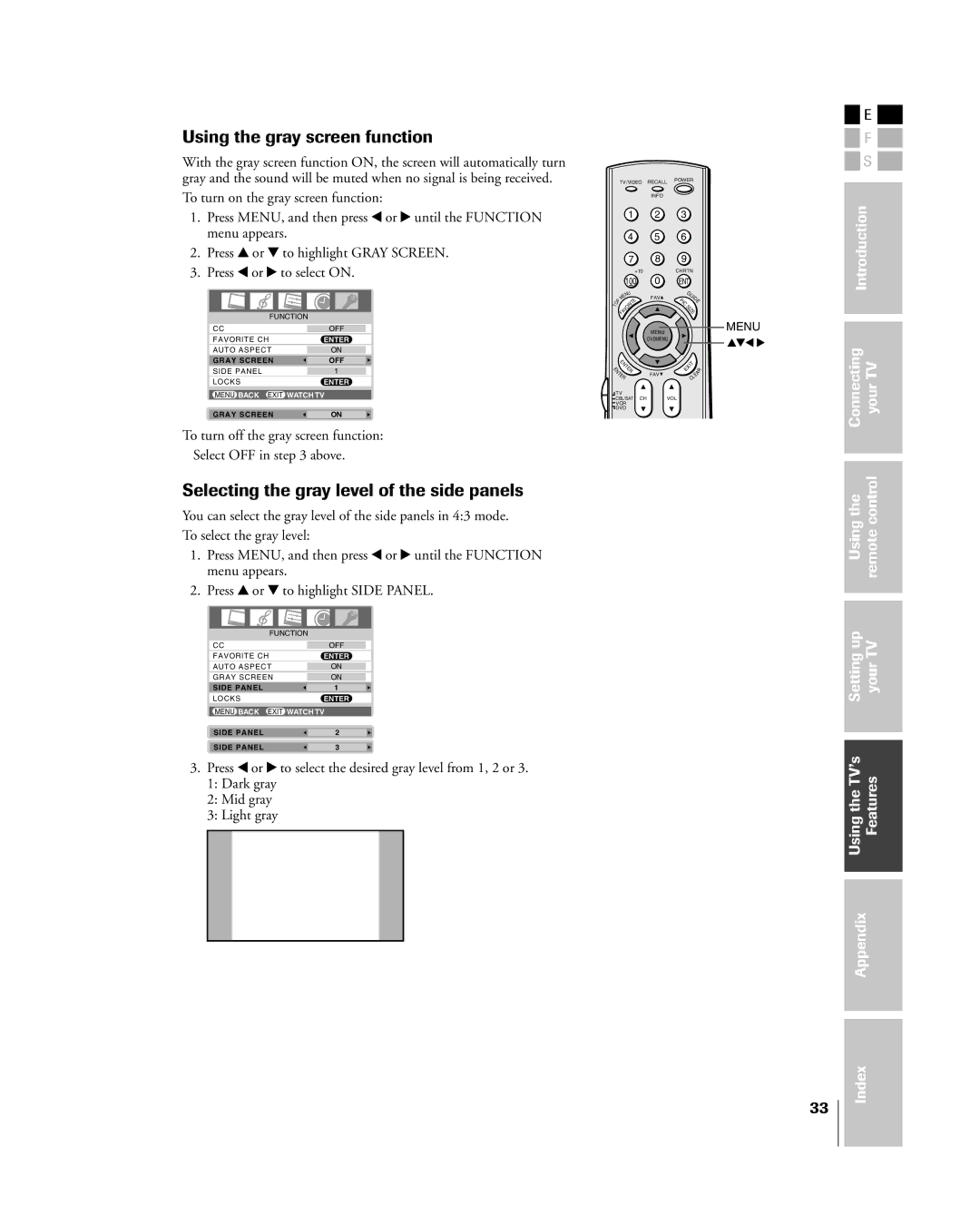 Toshiba 27HL85 owner manual Using the gray screen function, Selecting the gray level of the side panels 