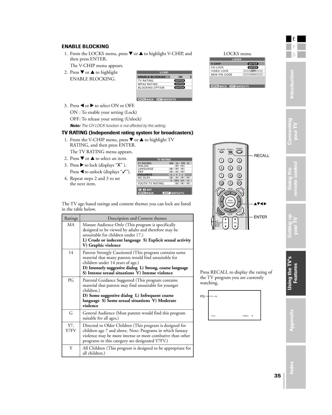 Toshiba 27HL85 owner manual TV Rating Independent rating system for broadcasters, OFF To release your setting Unlock 