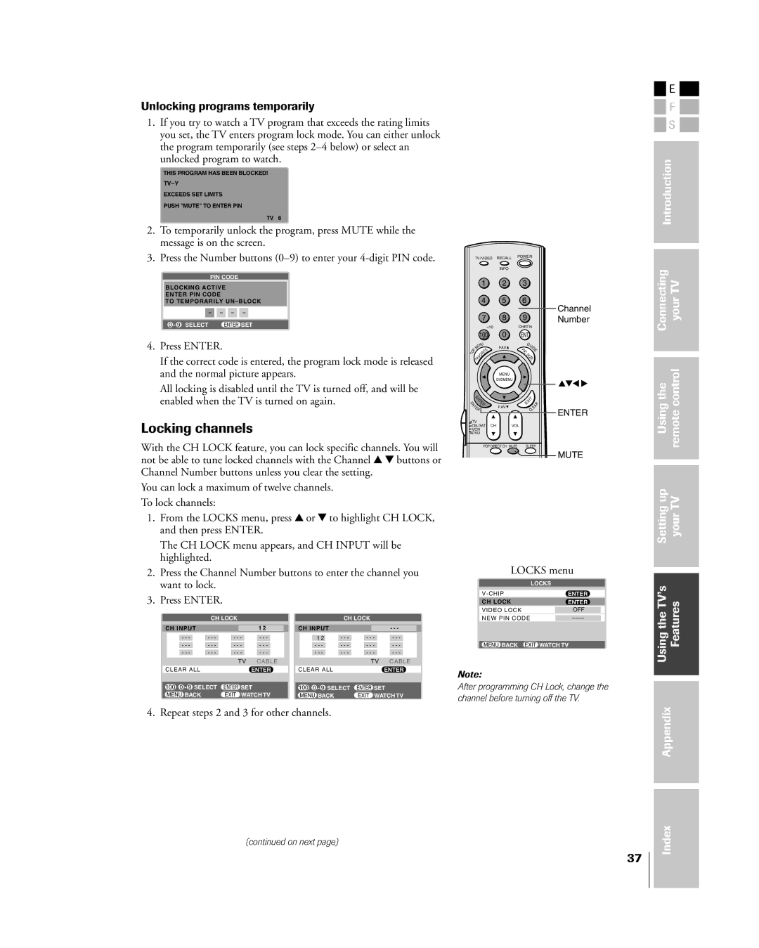 Toshiba 27HL85 owner manual Locking channels, Unlocking programs temporarily, Repeat steps 2 and 3 for other channels 