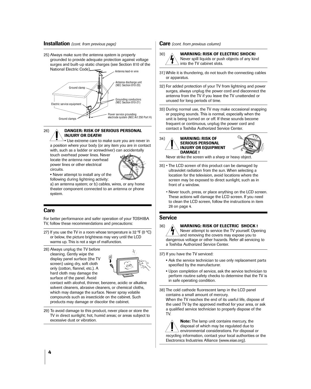 Toshiba 27HL85 owner manual Service, Care cont. from previous column 