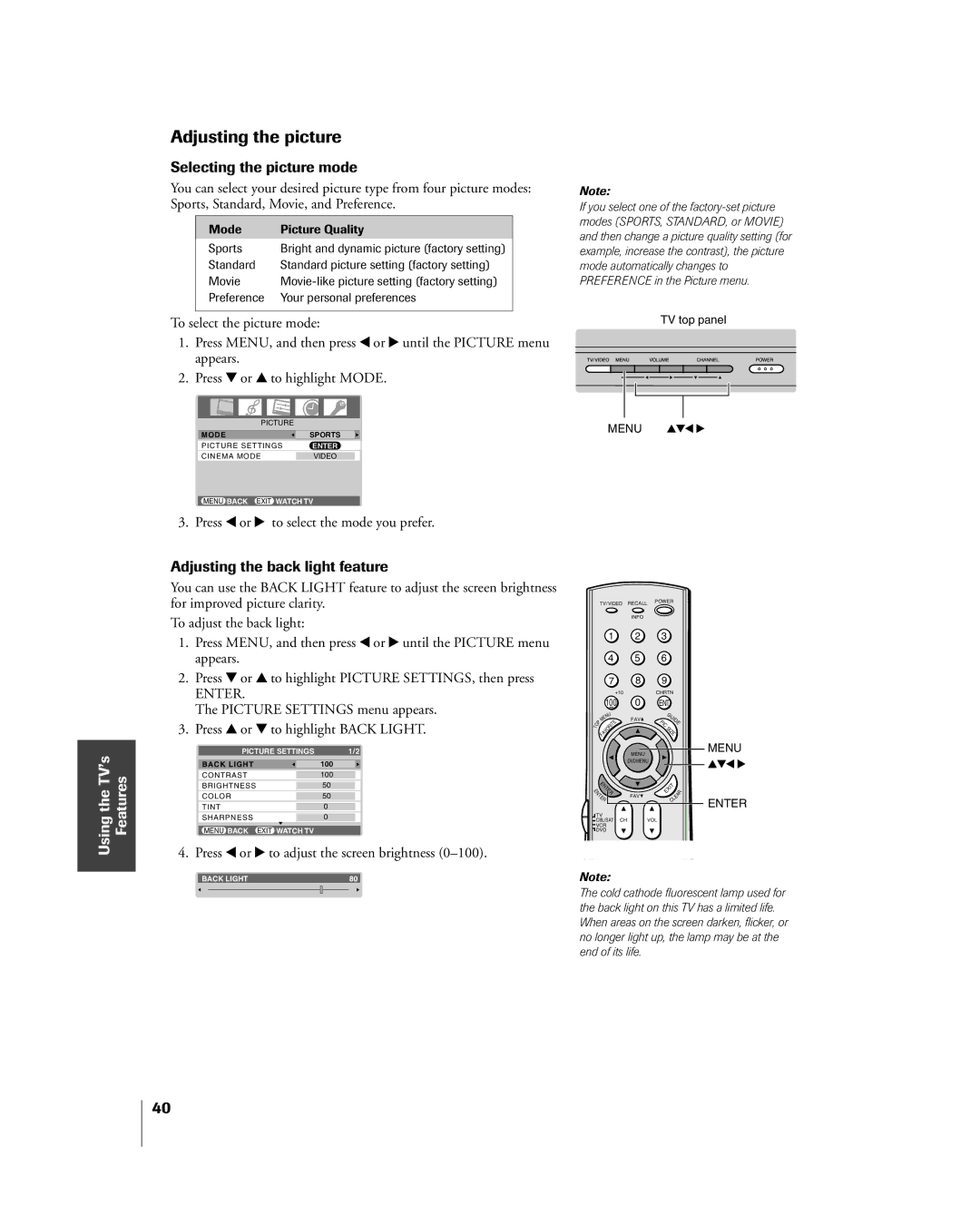 Toshiba 27HL85 owner manual Adjusting the picture, Selecting the picture mode, Adjusting the back light feature 