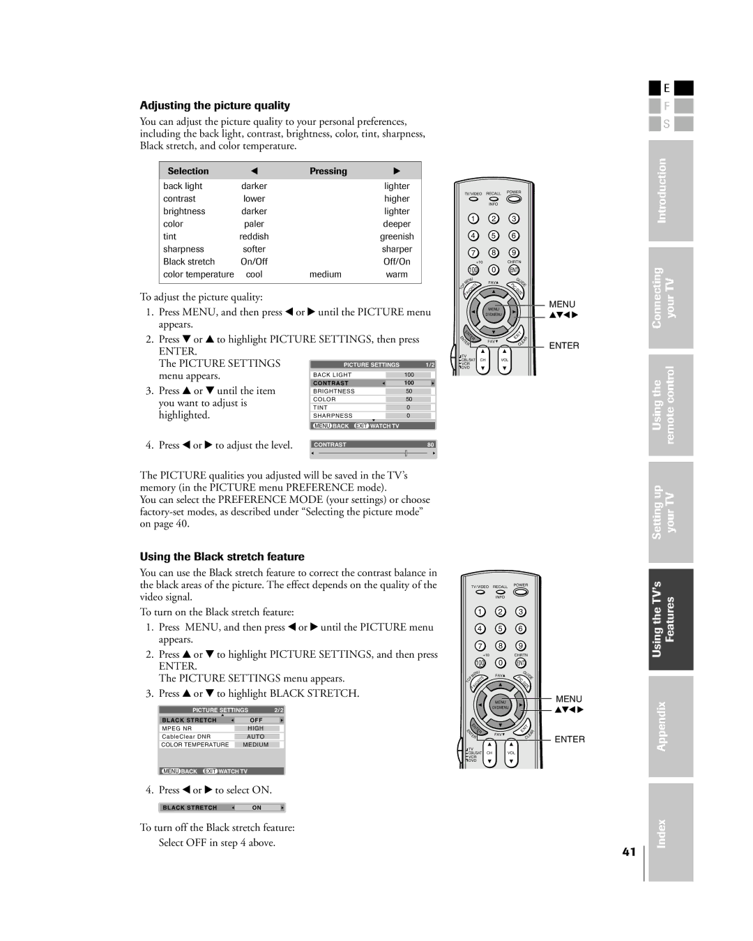 Toshiba 27HL85 owner manual Adjusting the picture quality, Using the Black stretch feature 