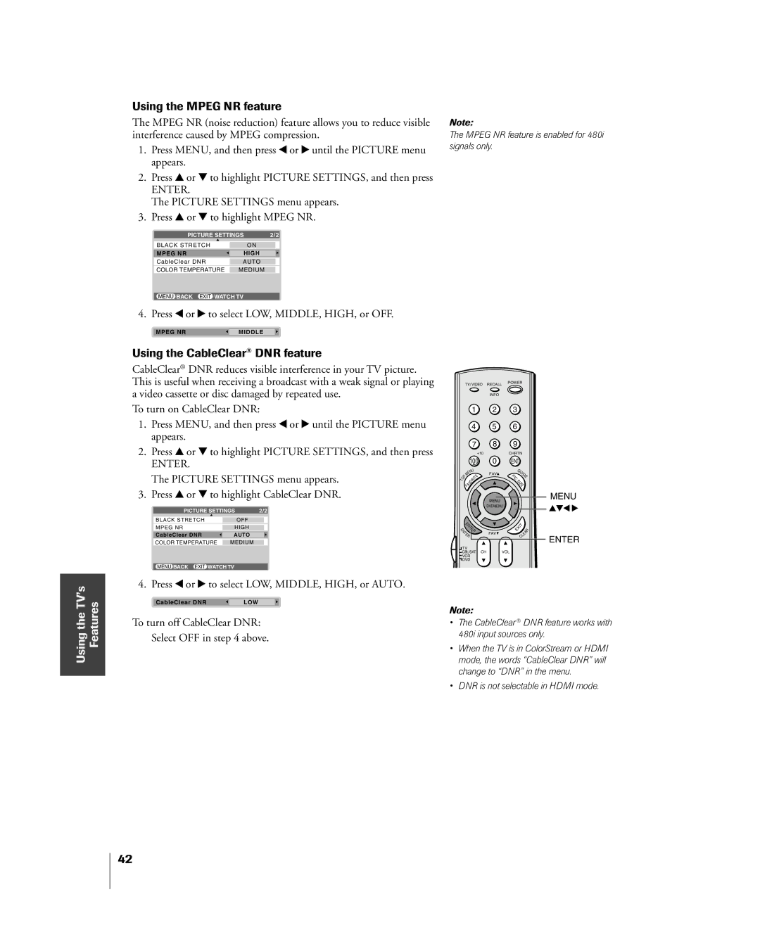 Toshiba 27HL85 owner manual Using the Mpeg NR feature, Using the CableClear¨ DNR feature 