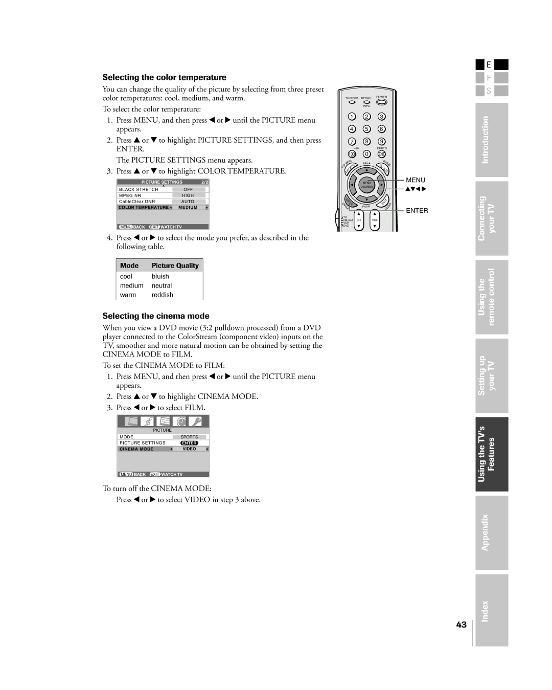 Toshiba 27HL85 owner manual Selecting the color temperature, Selecting the cinema mode 