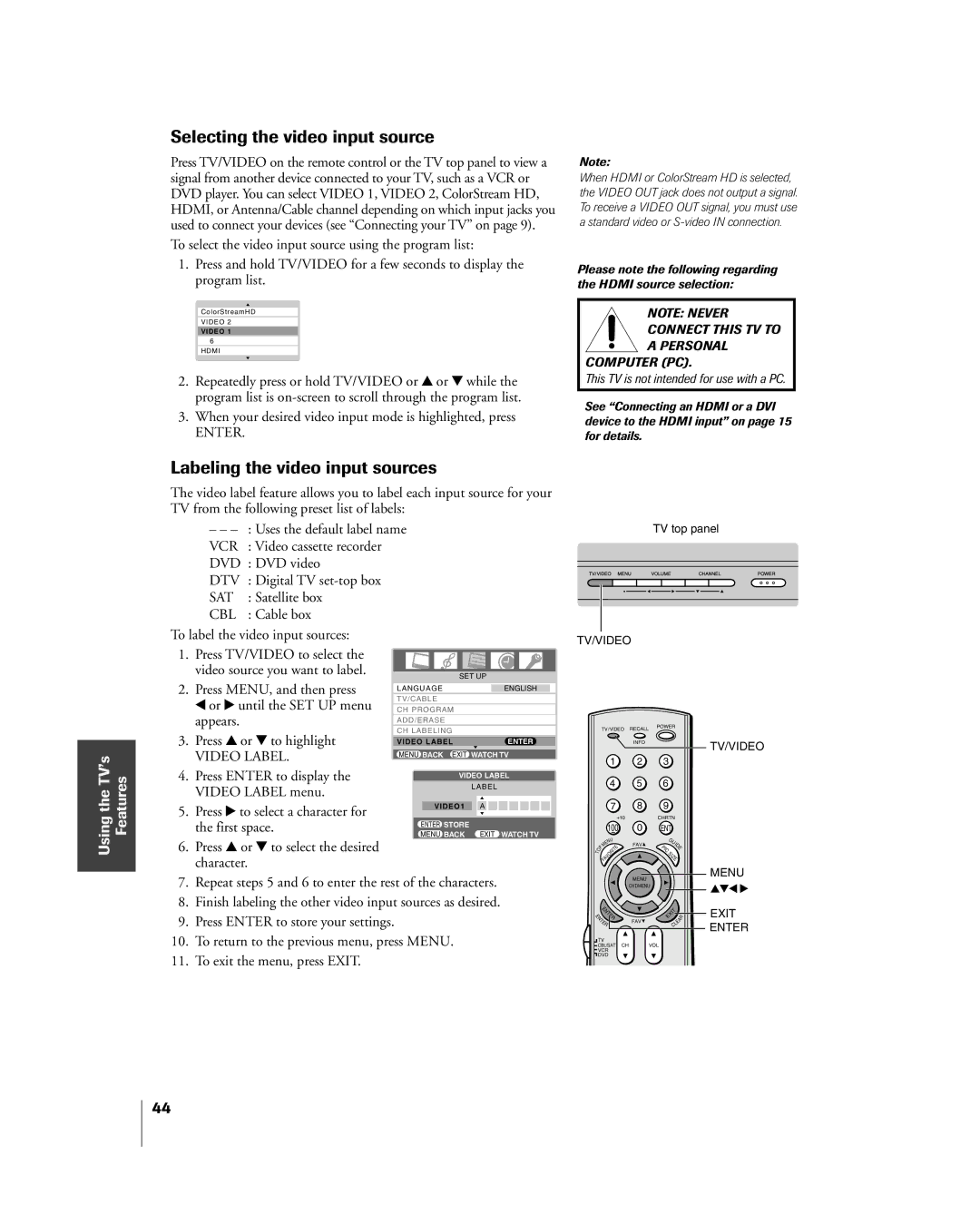 Toshiba 27HL85 owner manual Selecting the video input source, Labeling the video input sources 