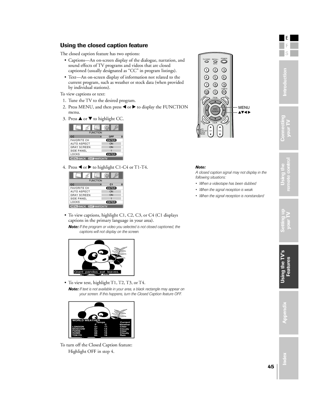 Toshiba 27HL85 owner manual Using the closed caption feature, Press x or to highlight C1-C4 or T1-T4 