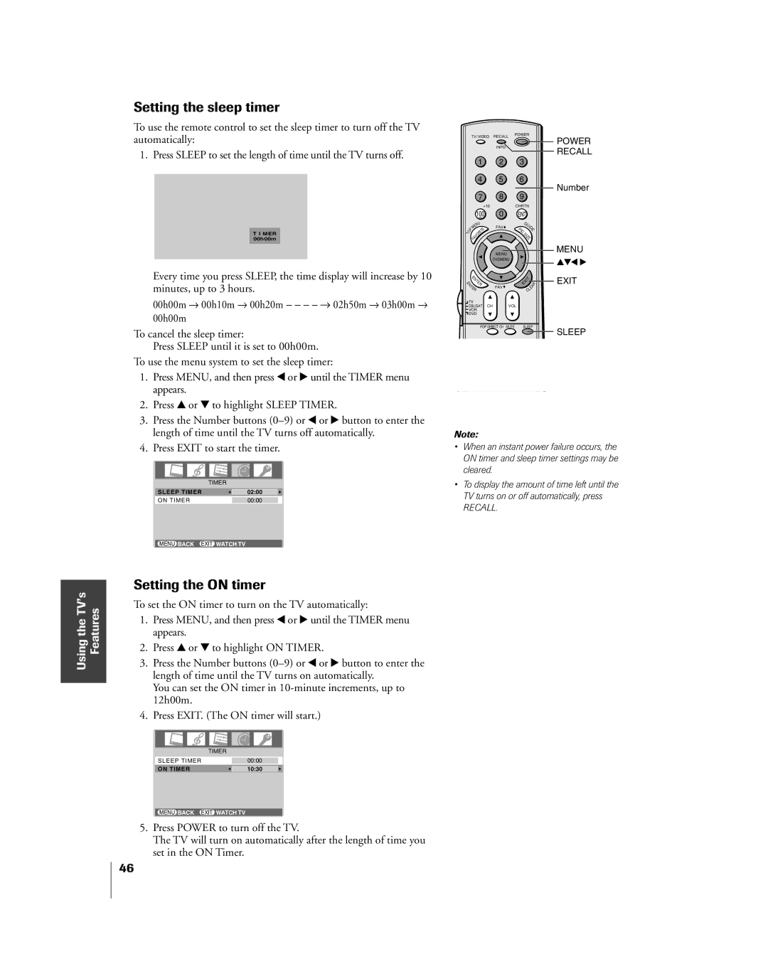 Toshiba 27HL85 owner manual Setting the sleep timer, Setting the on timer 