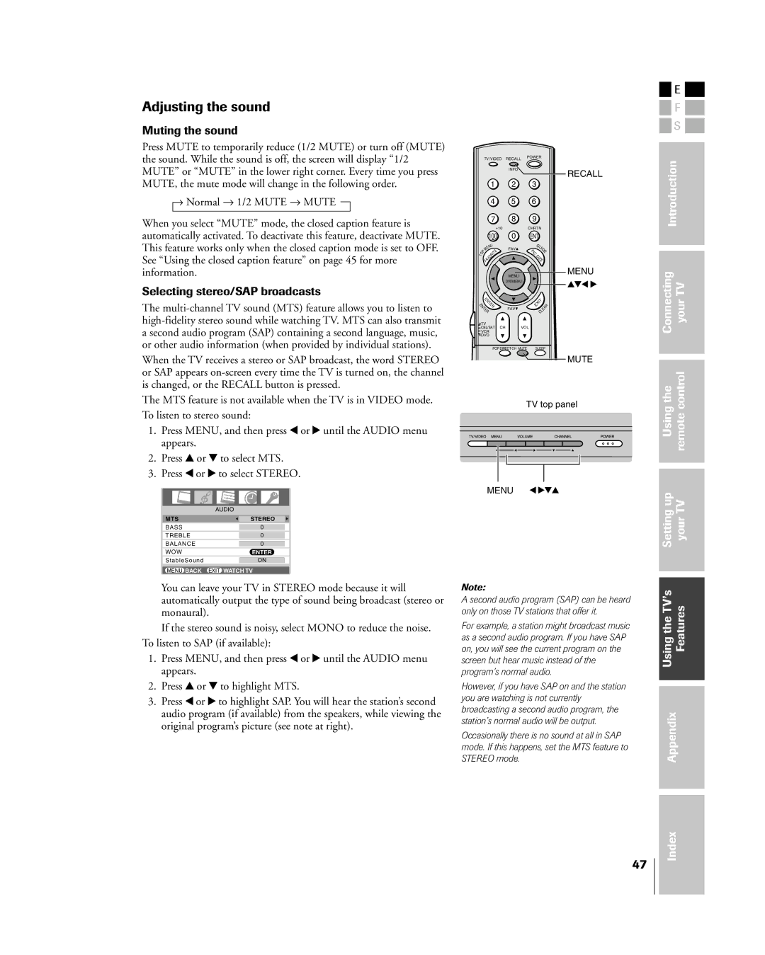 Toshiba 27HL85 owner manual Adjusting the sound, Muting the sound, Selecting stereo/SAP broadcasts 