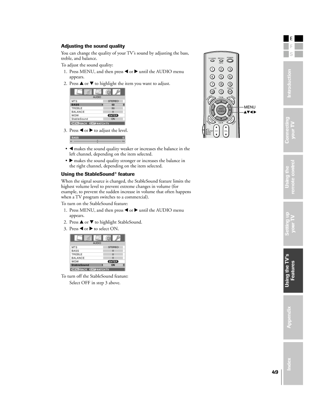 Toshiba 27HL85 owner manual Adjusting the sound quality, Using the StableSound¨ feature 