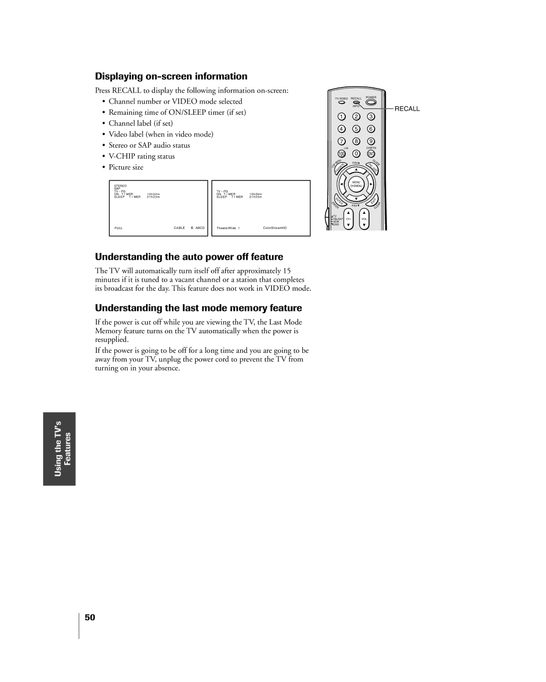 Toshiba 27HL85 owner manual Displaying on-screen information, Understanding the auto power off feature 