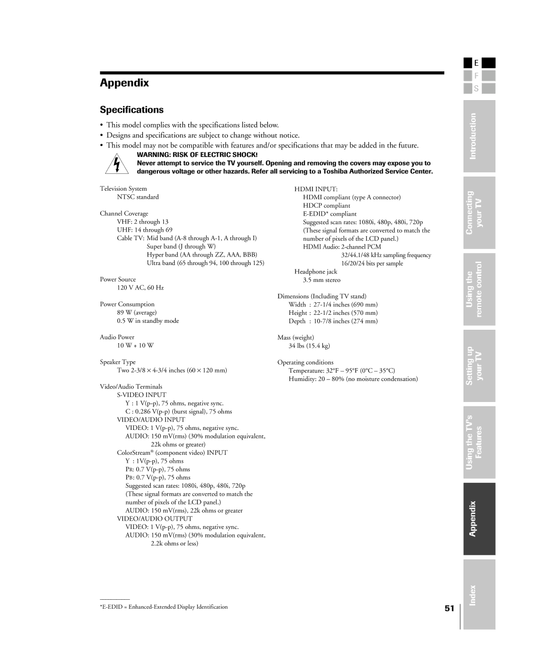 Toshiba 27HL85 owner manual Appendix, Specifications 