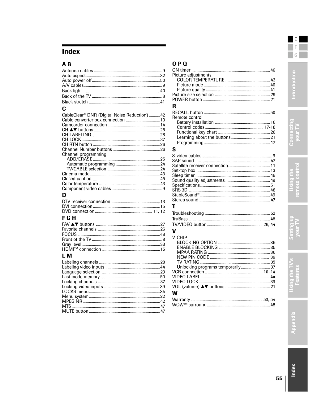 Toshiba 27HL85 owner manual Index, Channel programming 