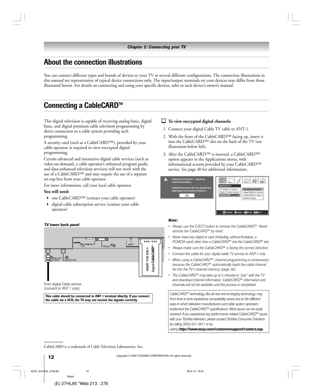 Toshiba 27HL95 manual About the connection illustrations Connecting a CableCARD, To view encrypted digital channels 