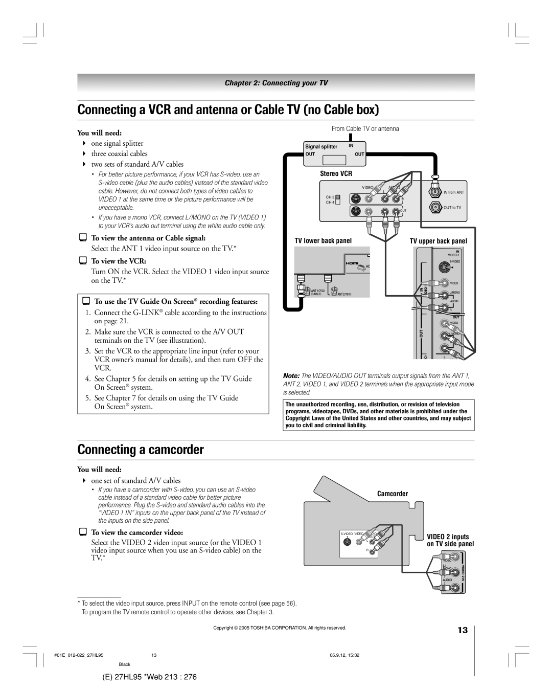 Toshiba 27HL95 manual Connecting a VCR and antenna or Cable TV no Cable box, Connecting a camcorder 