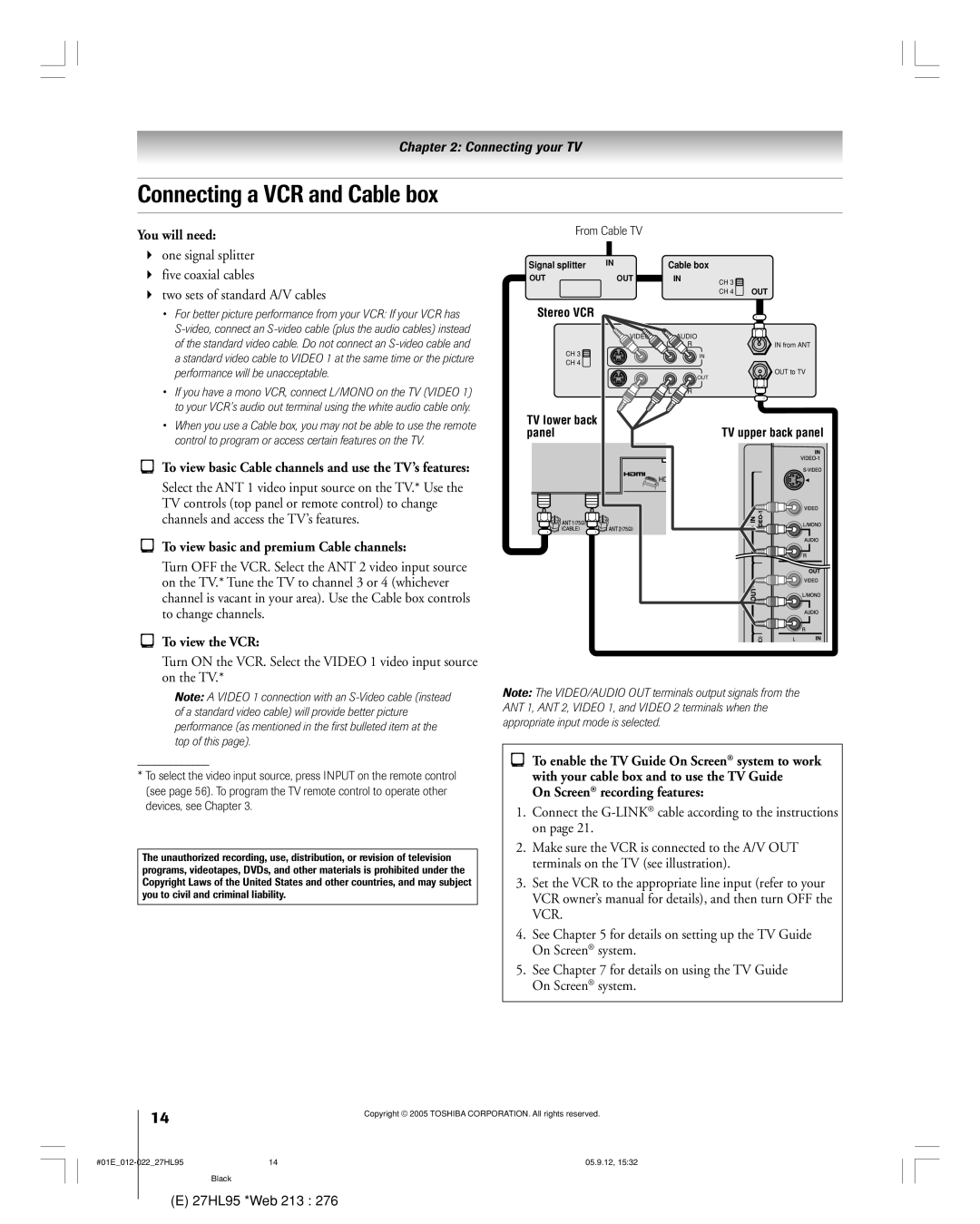 Toshiba 27HL95 manual Connecting a VCR and Cable box, To view basic Cable channels and use the TVÕs features 