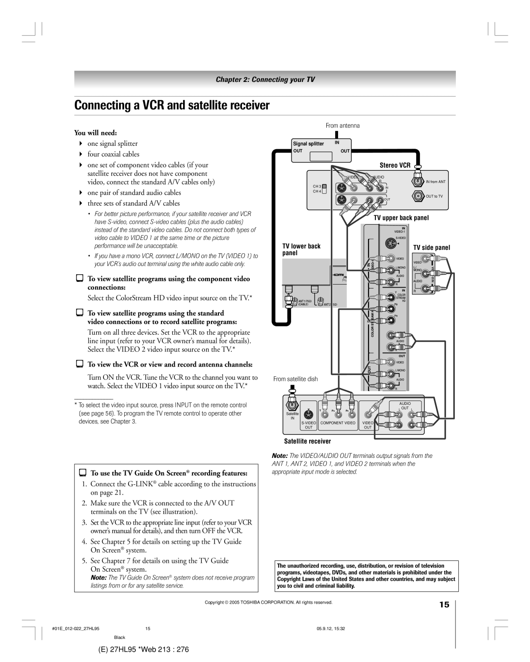 Toshiba 27HL95 manual Connecting a VCR and satellite receiver, One signal splitter Four coaxial cables 