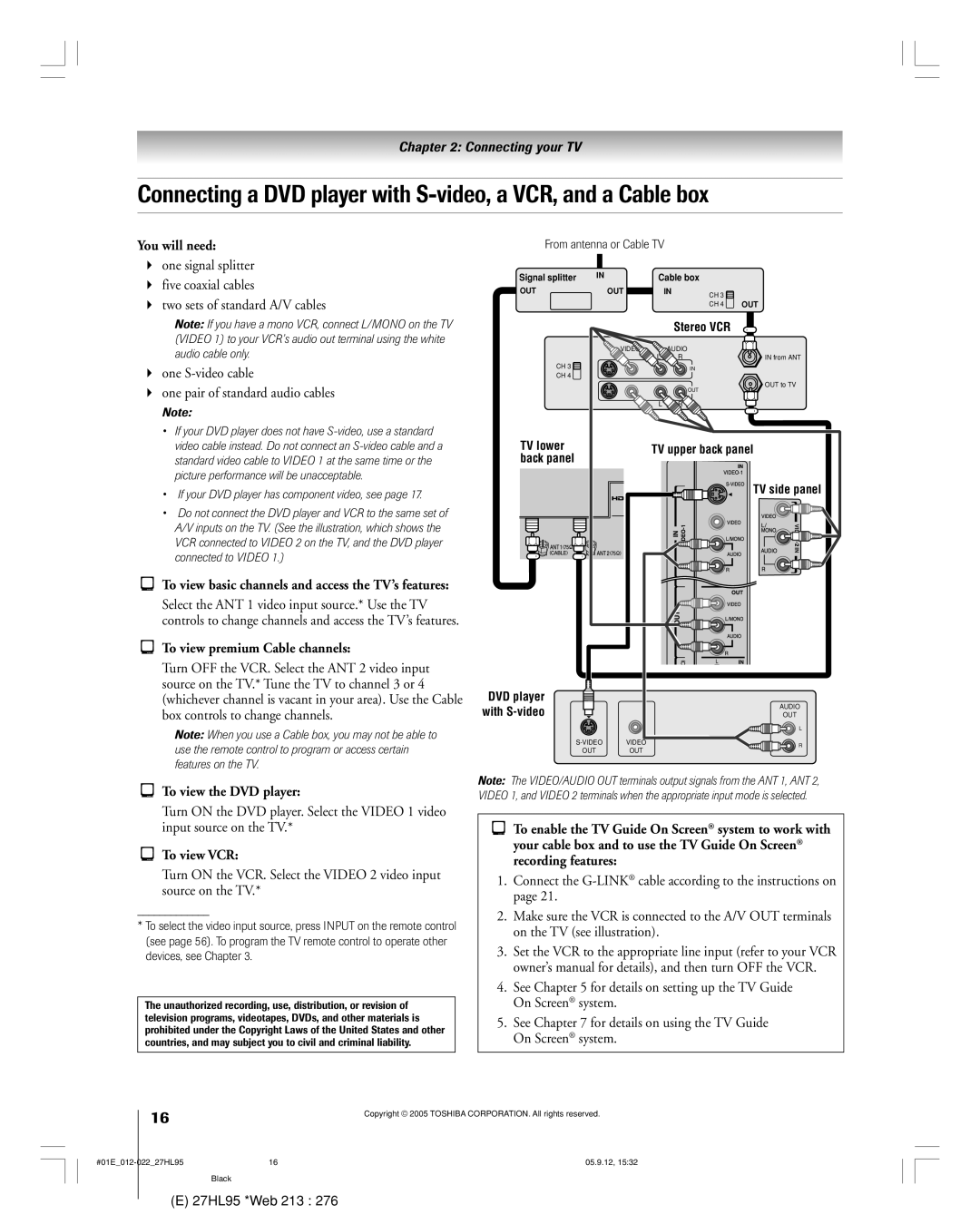 Toshiba 27HL95 manual To view premium Cable channels, To view the DVD player, To view VCR 