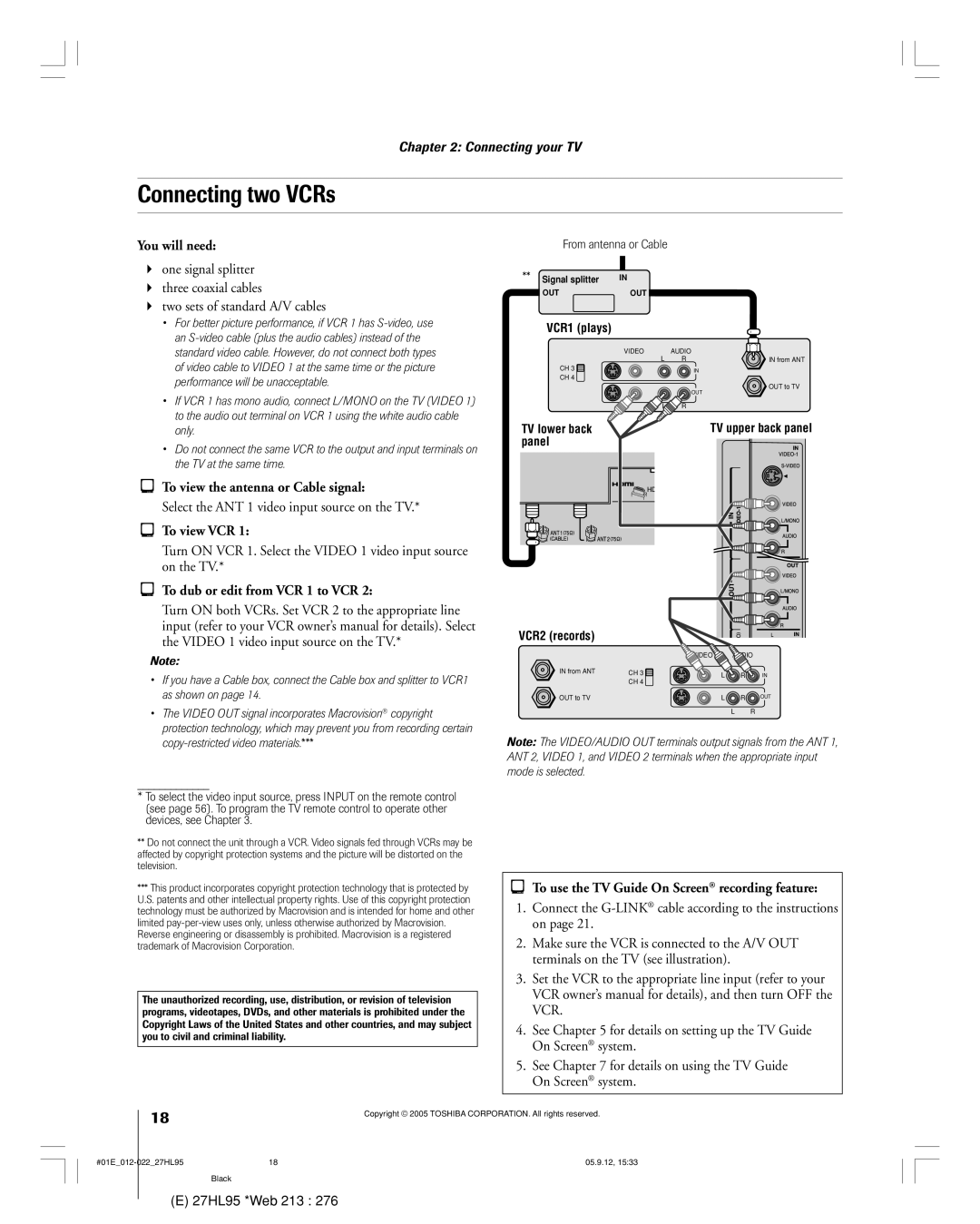 Toshiba 27HL95 manual Connecting two VCRs, One signal splitter, Three coaxial cables, To dub or edit from VCR 1 to VCR 