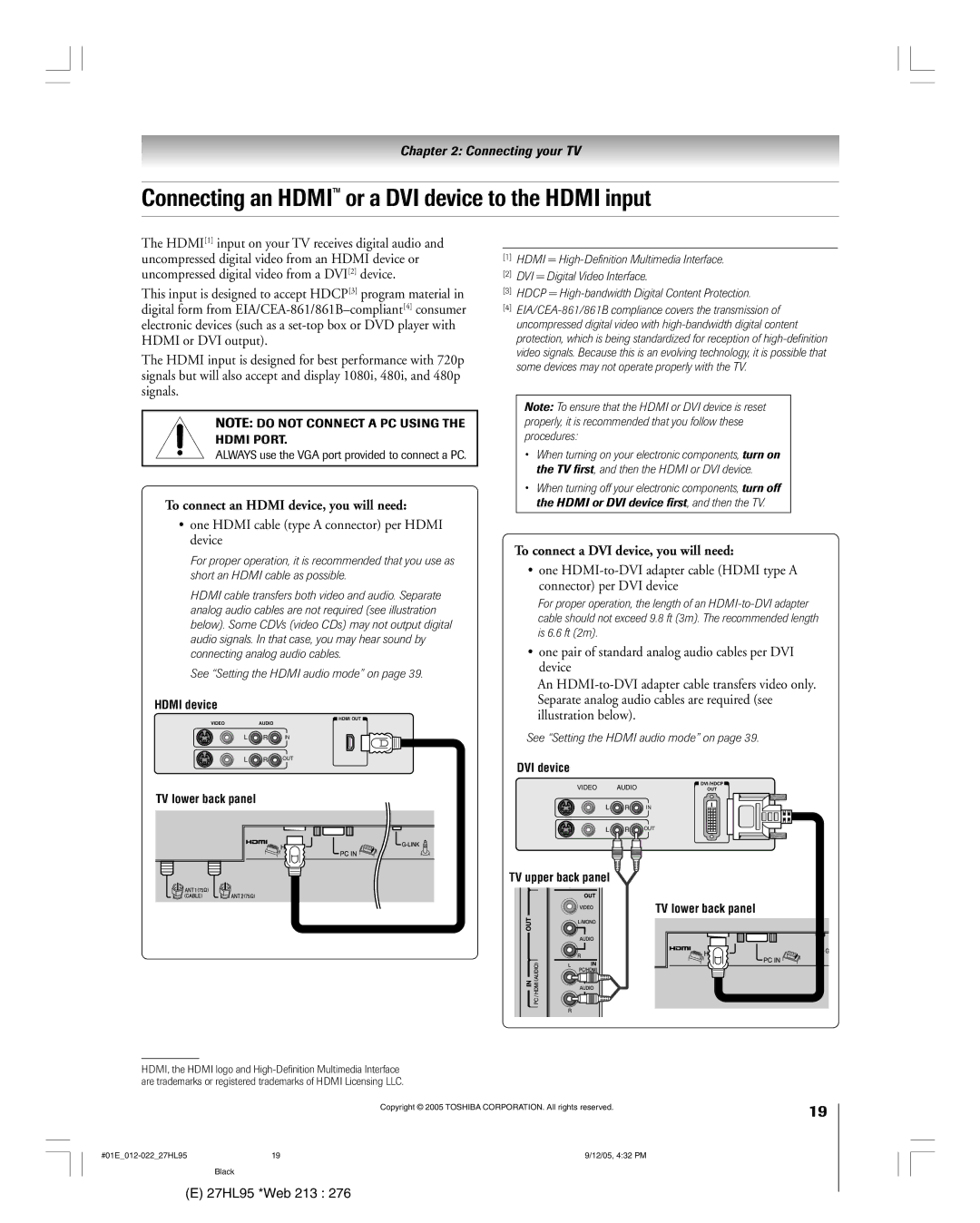 Toshiba 27HL95 manual Connecting an HDMIª or a DVI device to the Hdmi input, To connect an Hdmi device, you will need 