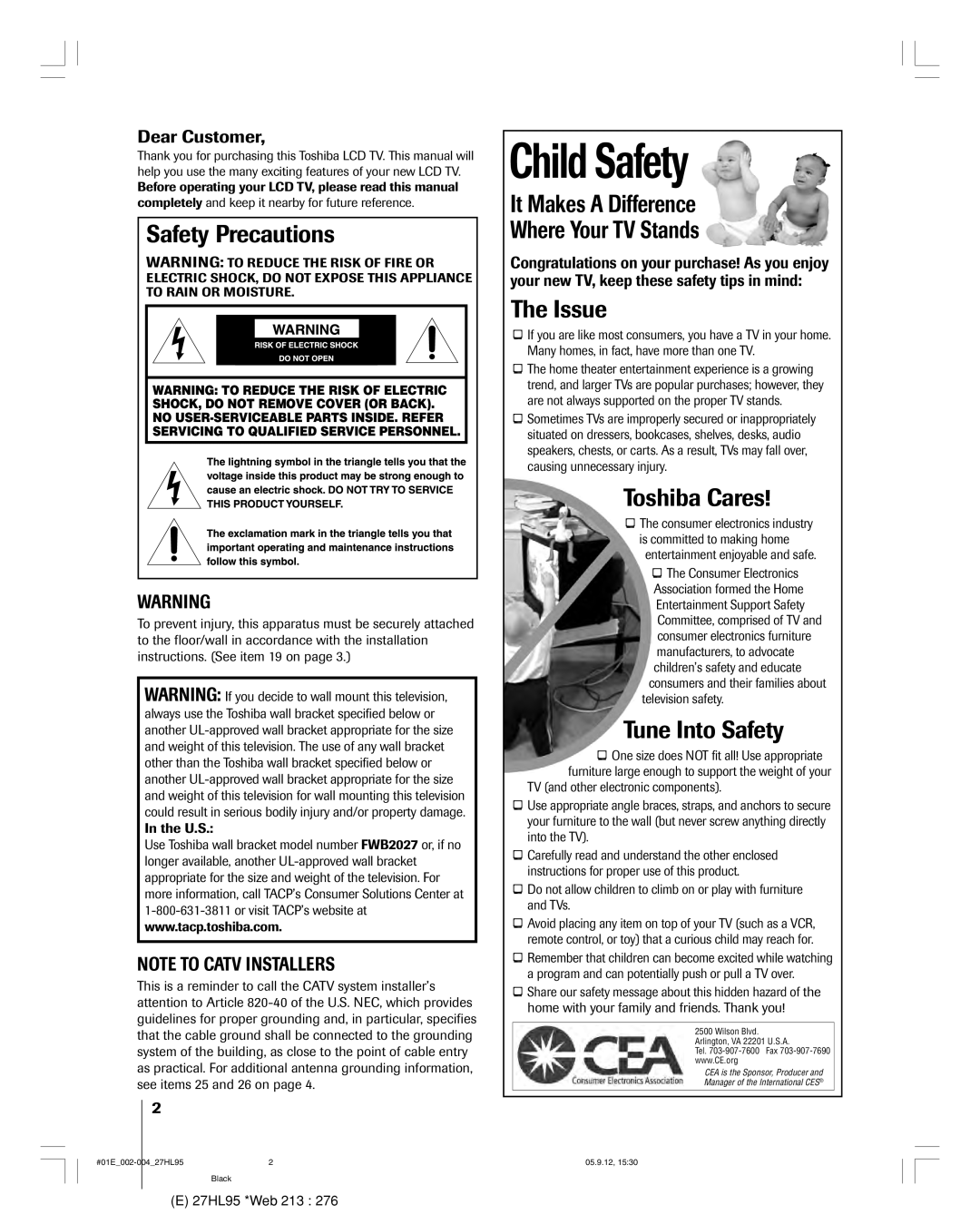 Toshiba 27HL95 Safety Precautions, It Makes a Difference Where Your TV Stands, Issue, Toshiba Cares, Tune Into Safety 