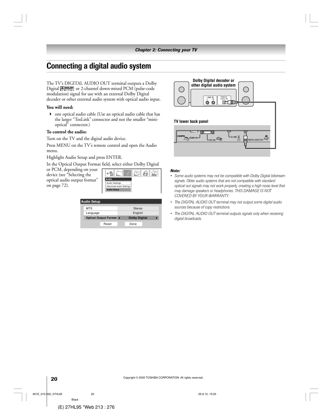 Toshiba 27HL95 Connecting a digital audio system, TV’s Digital Audio OUT terminal outputs a Dolby, To control the audio 