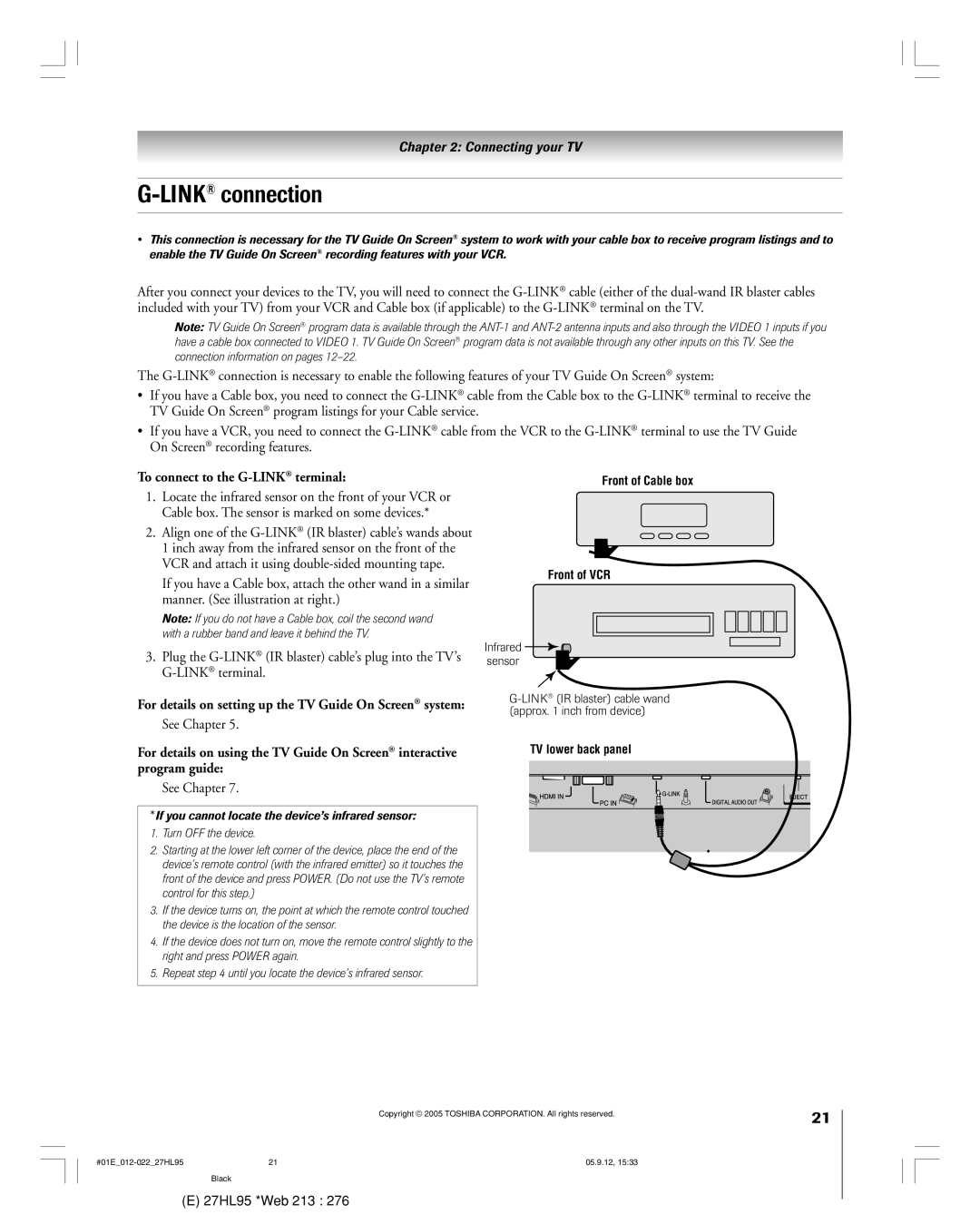 Toshiba 27HL95 manual LINKconnection, To connect to the G-LINK¨terminal, See Chapter 