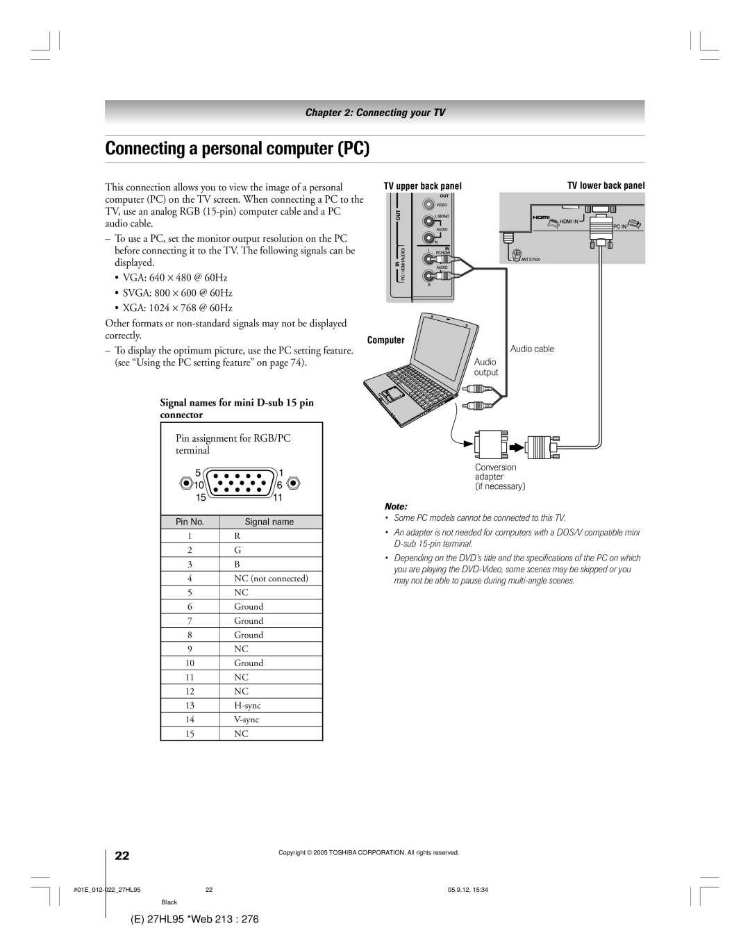 Toshiba 27HL95 manual Connecting a personal computer PC, Signal names for mini D-sub 15 pin connector 