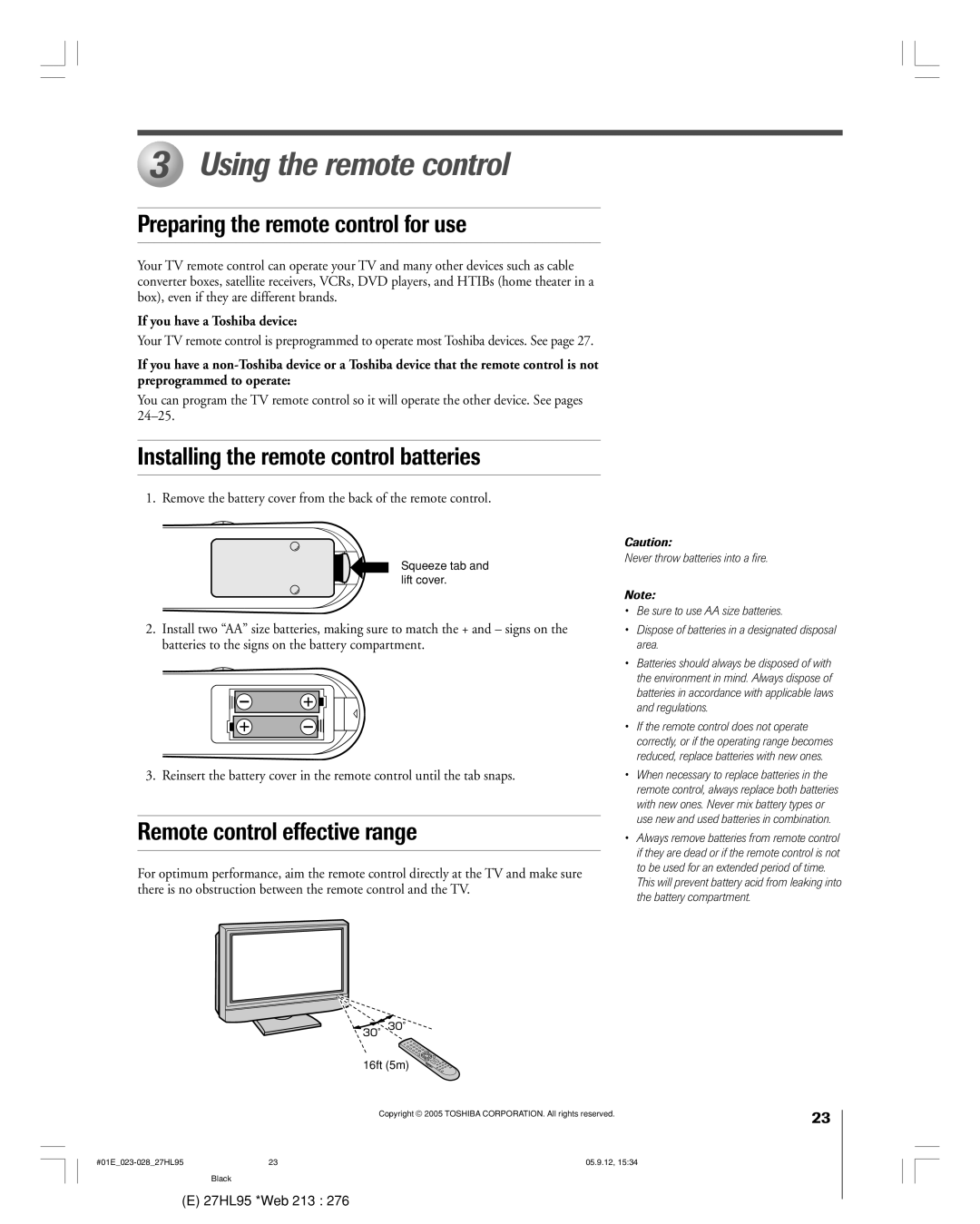 Toshiba 27HL95 Using the remote control, Preparing the remote control for use, Installing the remote control batteries 