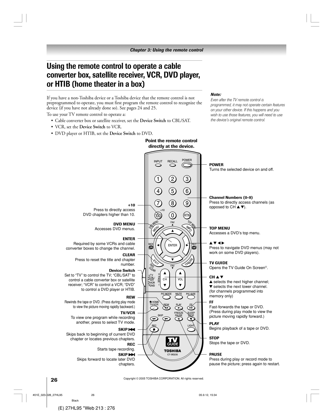 Toshiba 27HL95 manual Point the remote control Directly at the device, DVD Menu 