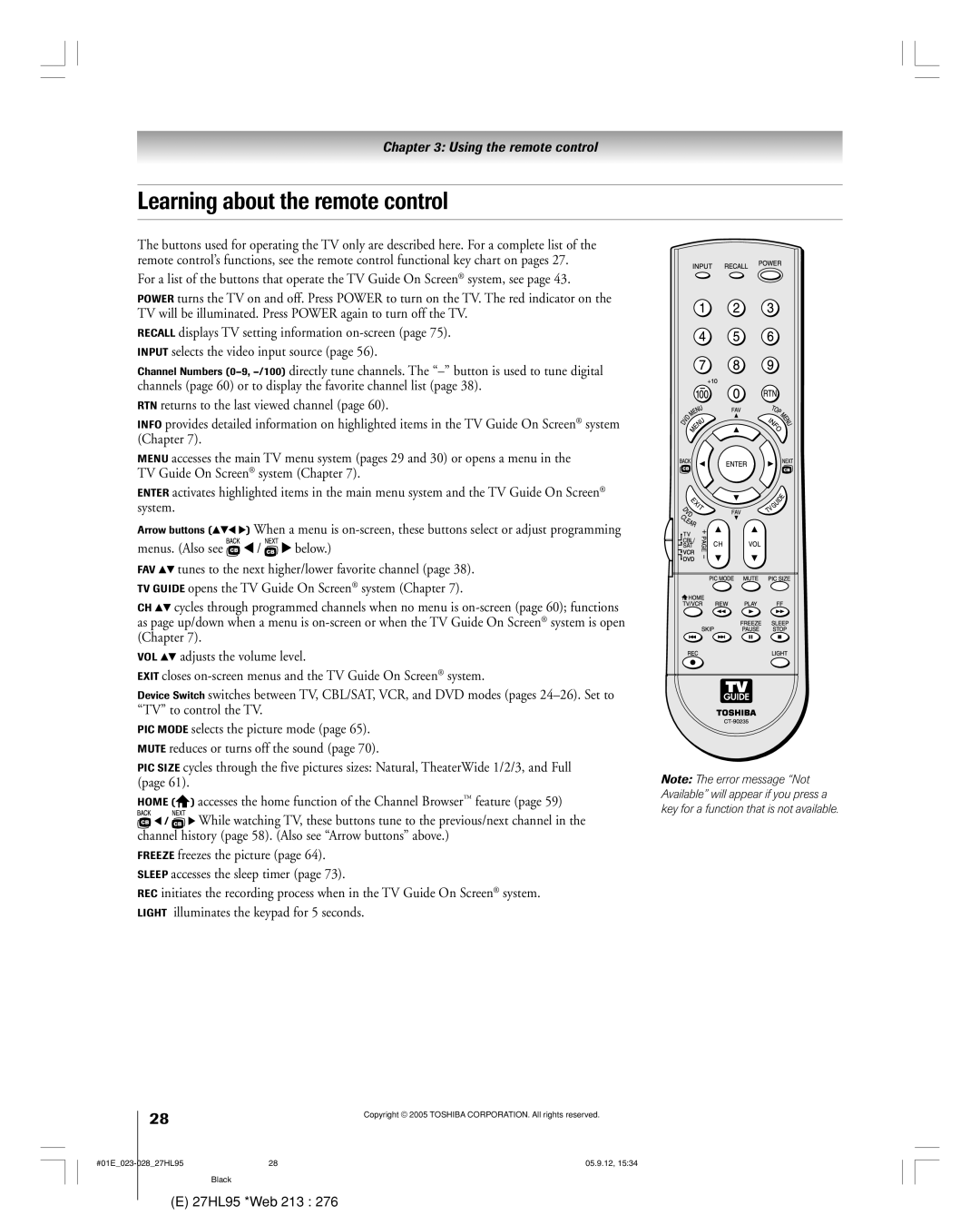 Toshiba 27HL95 manual Learning about the remote control 