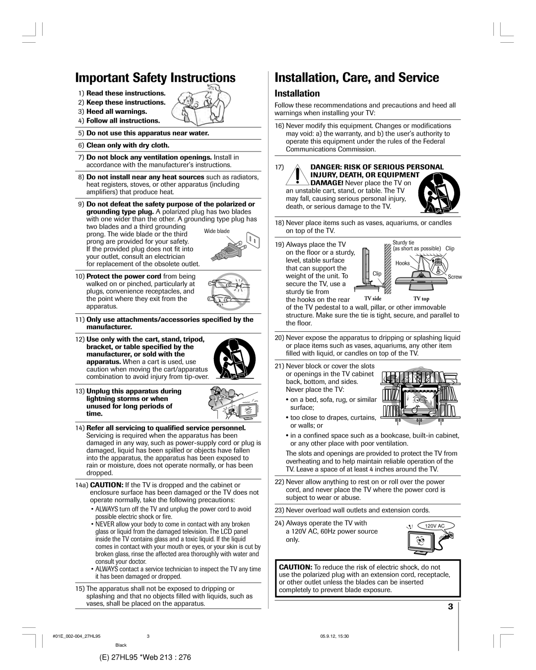 Toshiba 27HL95 manual Important Safety Instructions, Installation, Care, and Service 