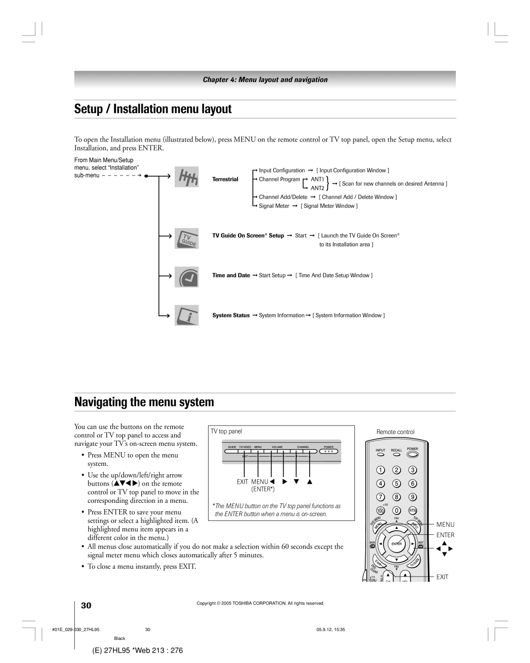 Toshiba 27HL95 manual Setup / Installation menu layout, Navigating the menu system 