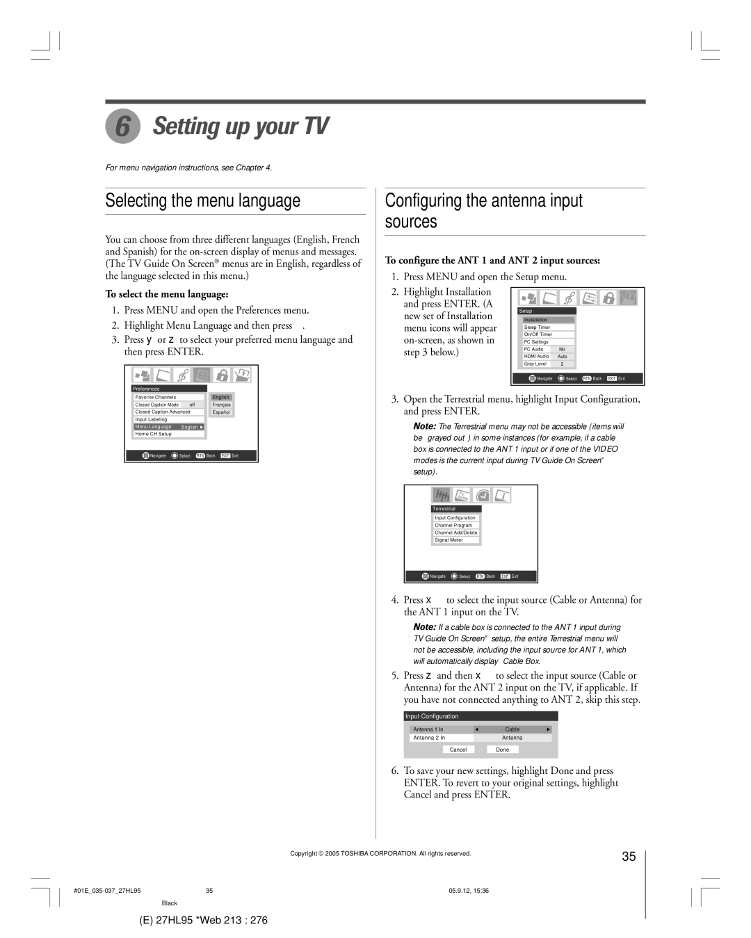 Toshiba 27HL95 manual Setting up your TV, To configure the ANT 1 and ANT 2 input sources, To select the menu language 