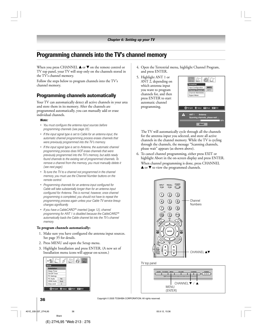 Toshiba 27HL95 manual Programming channels into the TV’s channel memory, To program channels automatically 