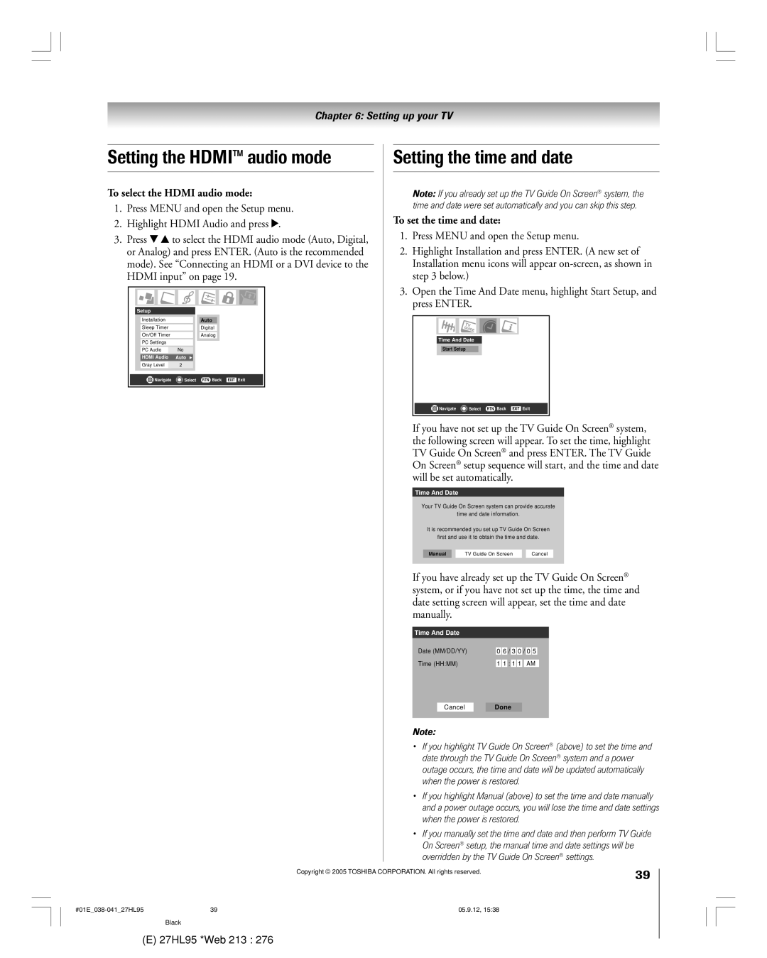 Toshiba 27HL95 manual Setting the Hdmi audio mode, Setting the time and date, To select the Hdmi audio mode 