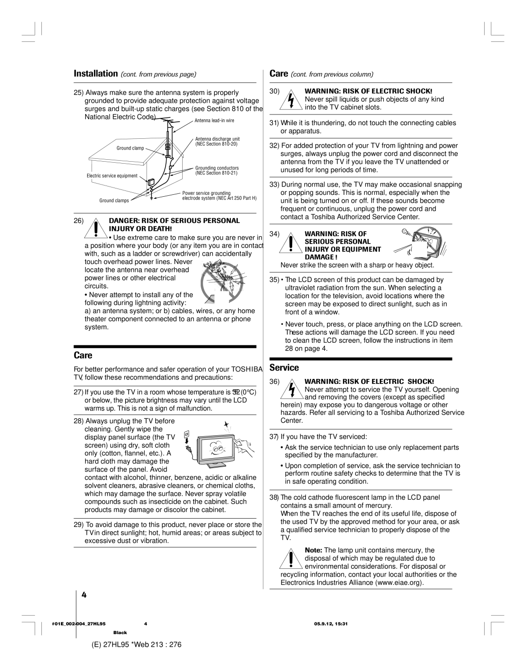 Toshiba 27HL95 manual Care cont. from previous column, Never strike the screen with a sharp or heavy object 