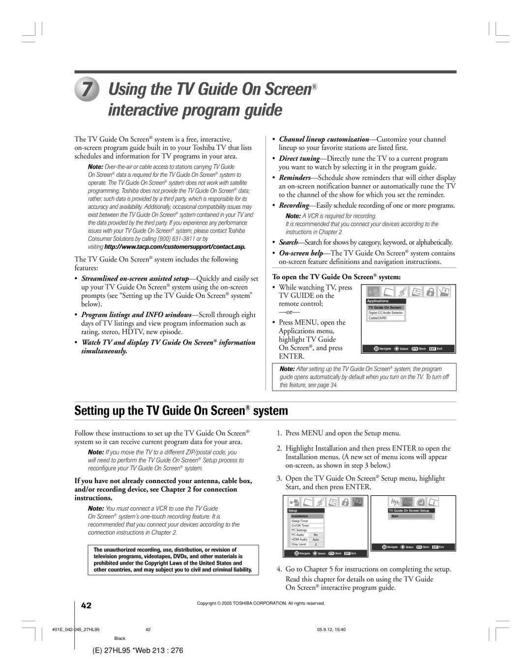 Toshiba 27HL95 manual TV Guide On Screen system includes the following features, To open the TV Guide On Screen¨ system 