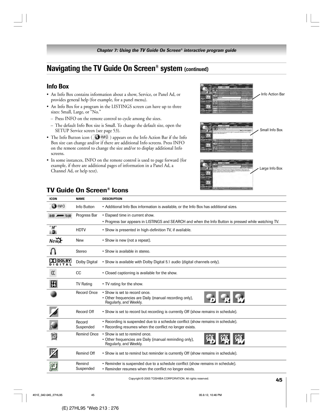 Toshiba 27HL95 manual Navigating the TV Guide On Screen¨ system, Info Box 