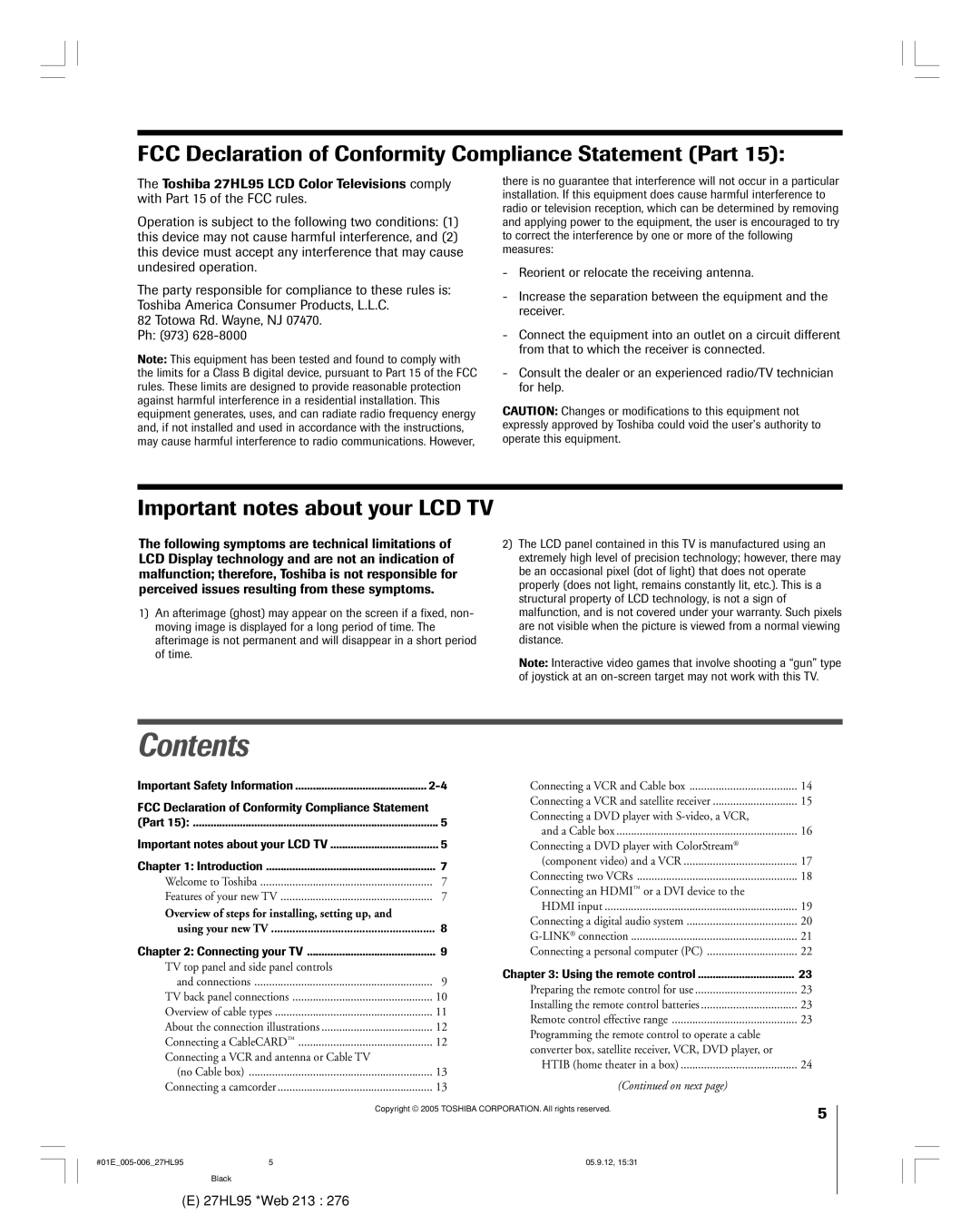 Toshiba 27HL95 manual Contents 