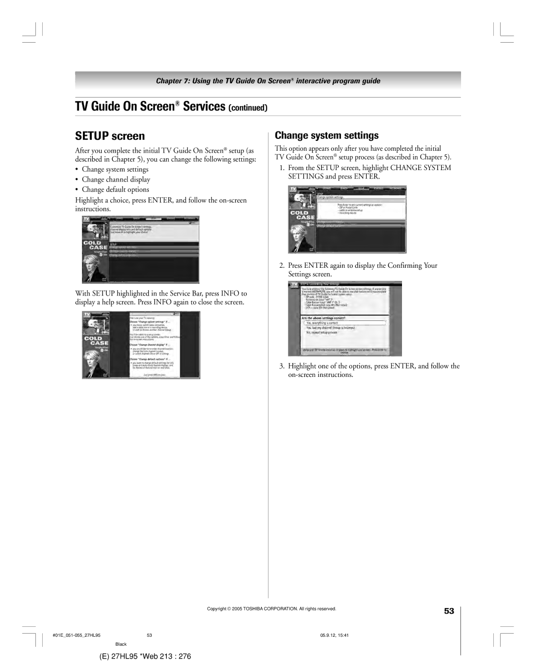 Toshiba 27HL95 manual Setup screen 