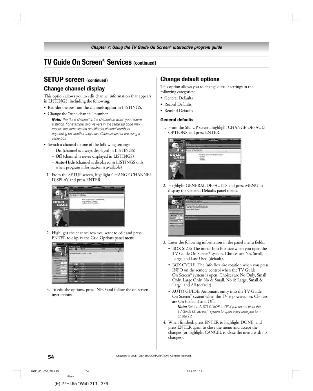 Toshiba 27HL95 This option allows you to change default settings, Following categories, General Defaults, Record Defaults 