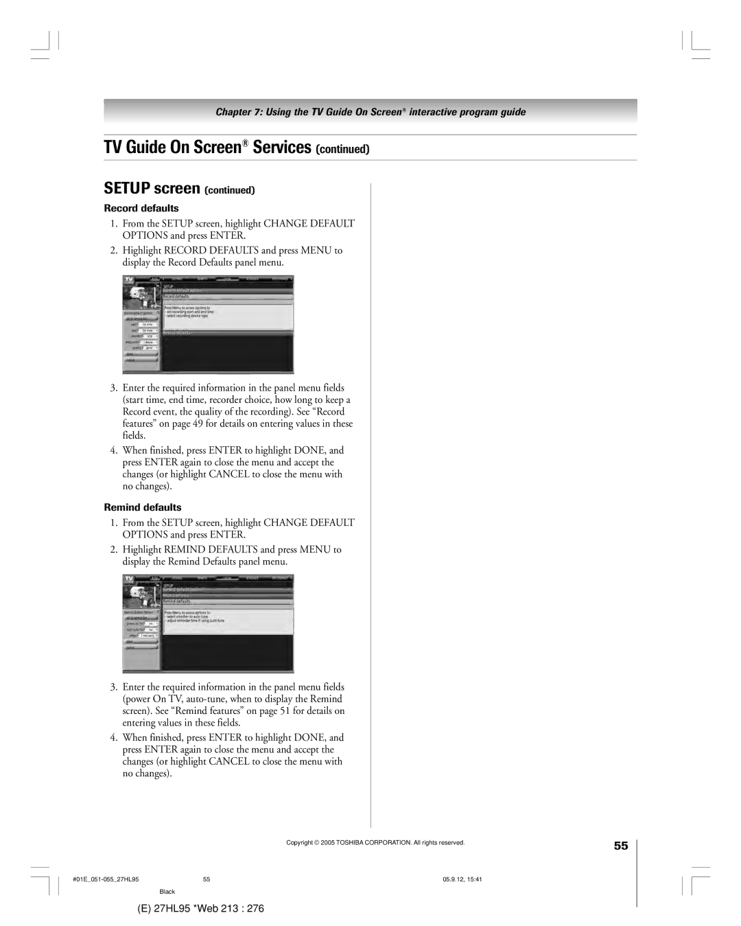 Toshiba 27HL95 manual Record defaults, Remind defaults 