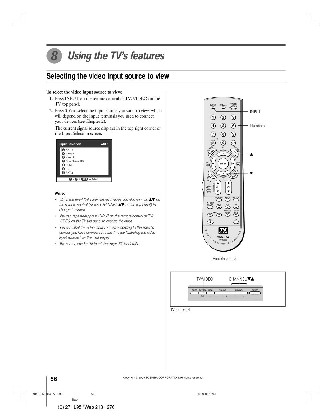 Toshiba 27HL95 Using the TV’s features, Selecting the video input source to view, To select the video input source to view 