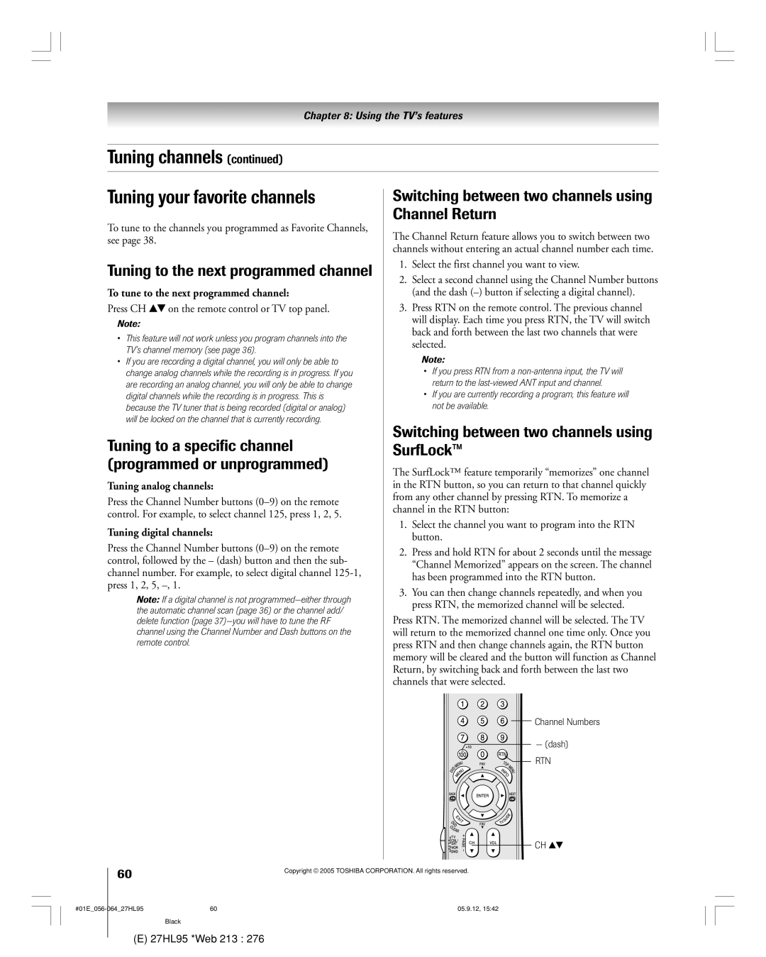 Toshiba 27HL95 manual Tuning channels Tuning your favorite channels 