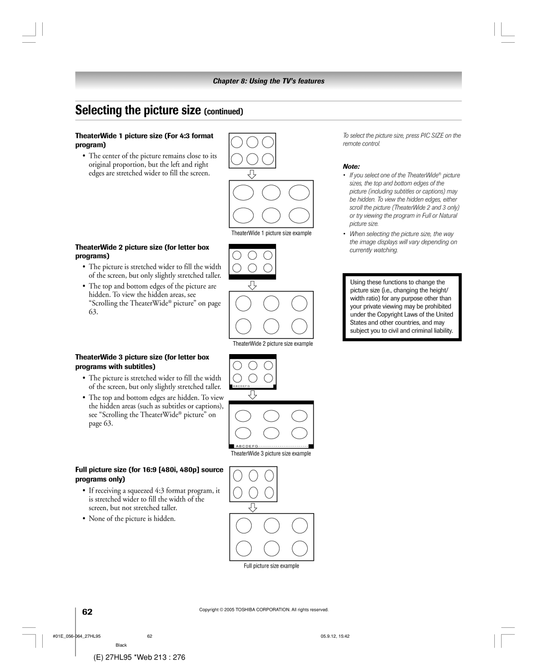 Toshiba 27HL95 manual TheaterWide 1 picture size For 43 format program, TheaterWide 2 picture size for letter box programs 