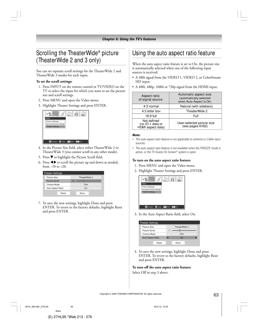 Toshiba 27HL95 manual Using the auto aspect ratio feature, Scrolling the TheaterWide picture TheaterWide 2 and 3 only 