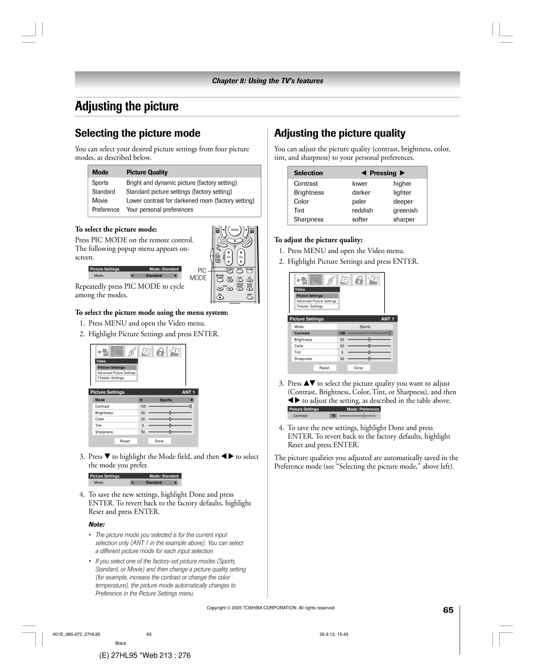 Toshiba 27HL95 manual Selecting the picture mode, Adjusting the picture quality 