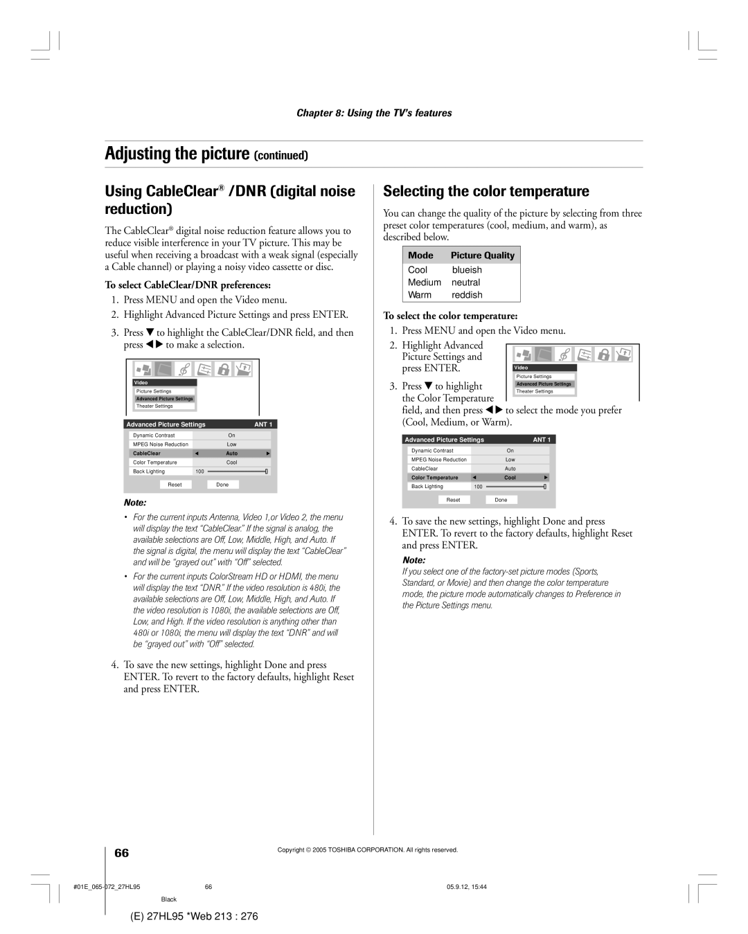 Toshiba 27HL95 manual Using CableClear /DNR digital noise reduction, Selecting the color temperature, Mode you prefer 