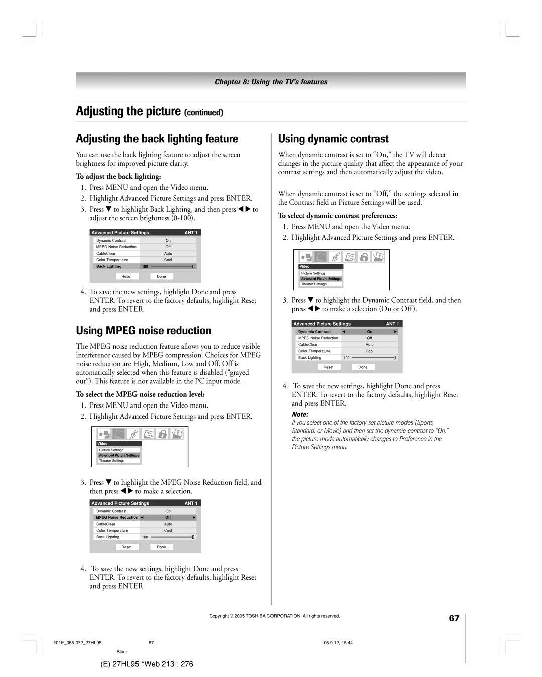 Toshiba 27HL95 manual Adjusting the back lighting feature Using dynamic contrast, Using Mpeg noise reduction 